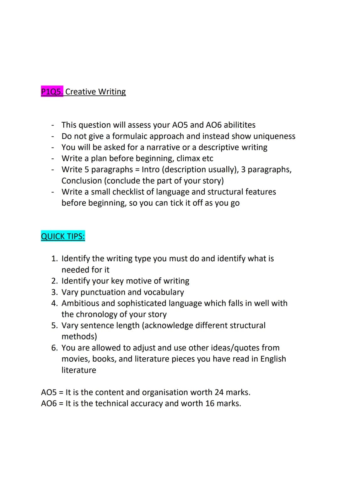 ENGLISH LANGUAGE PAPER 1 NOTES ON ANSWERING
QUESTIONS AND THE FORMULA TO A GRADE NINE:
THIS EXAM IS 1HR 45 MINUTES AND CONSISTS OF 80 MARKS 