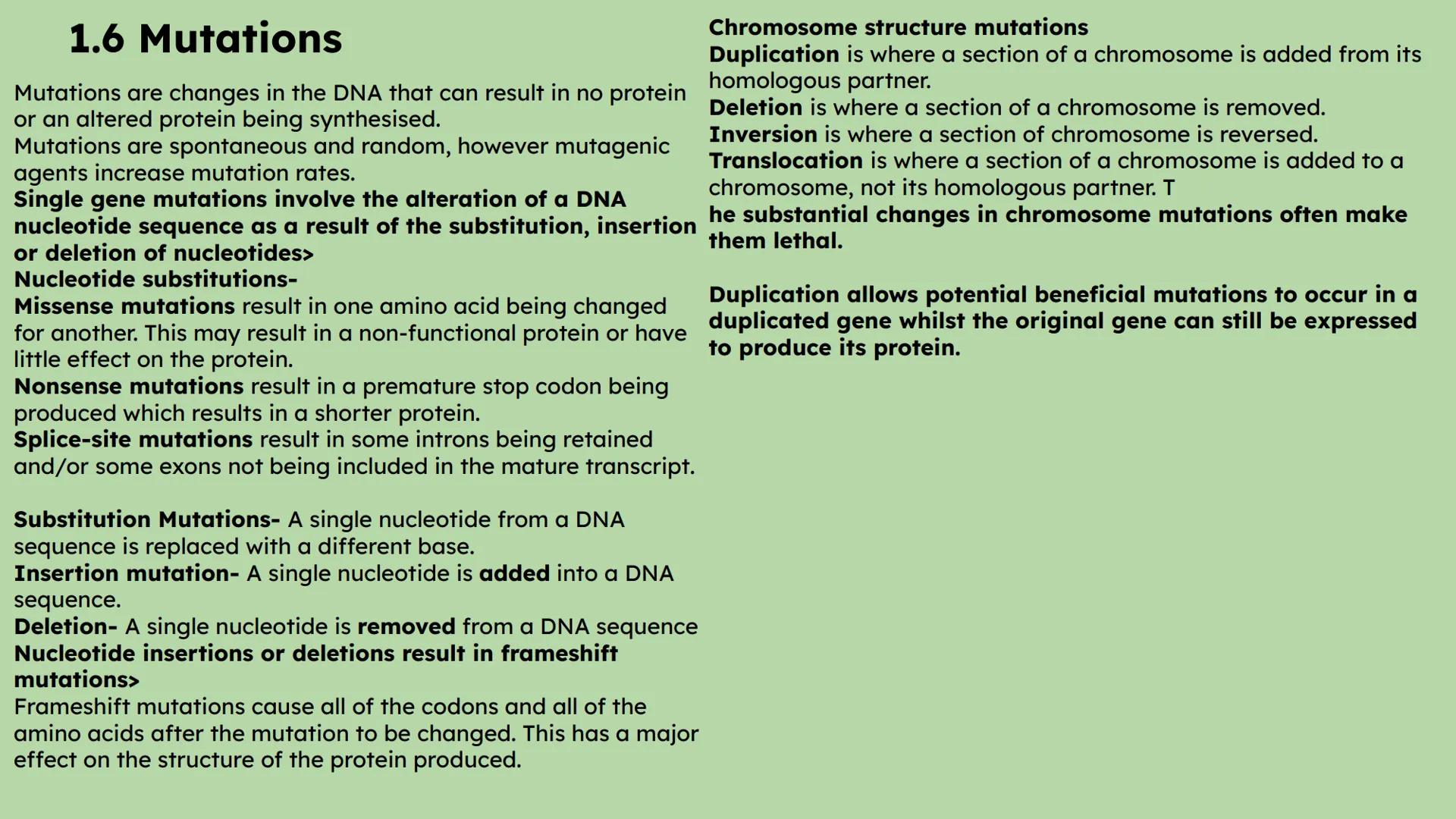 Biology Summary Slides 1.1 The structure of DNA
Each DNA nucleotide has a phosphate, deoxyribose sugar and a base.
Base pairs are held toget