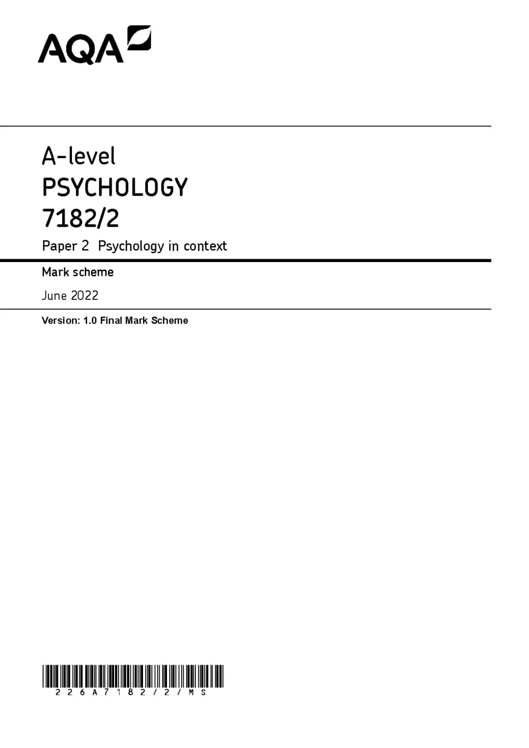 AQA A Level Psychology Paper 2 Mark Schemes: June 2022, 2021, and Other Years
