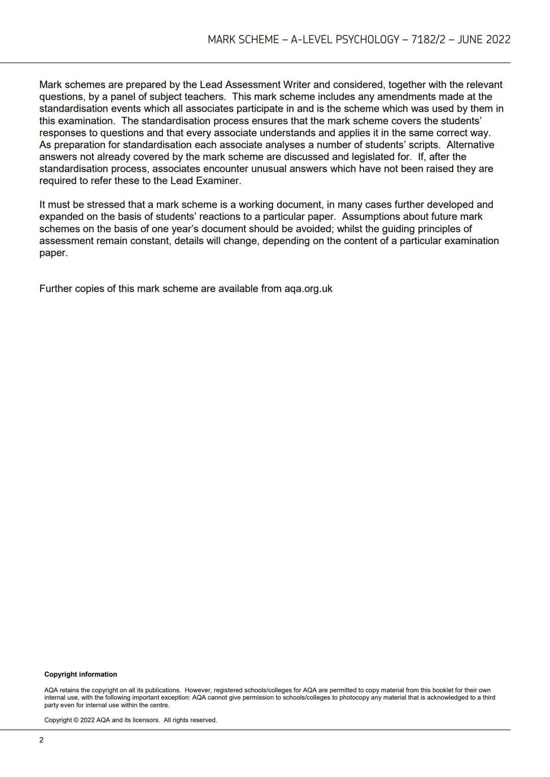 AQAZ
A-level
PSYCHOLOGY
7182/2
Paper 2 Psychology in context
Mark scheme
June 2022
Version: 1.0 Final Mark Scheme
2 2 6 A 7 1 8 2 / 2 / MS M