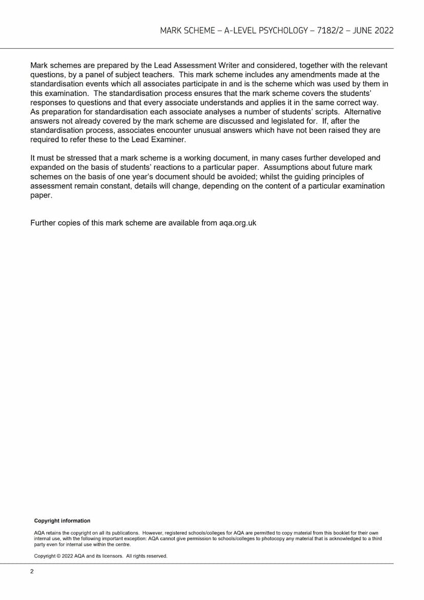 AQAZ
A-level
PSYCHOLOGY
7182/2
Paper 2 Psychology in context
Mark scheme
June 2022
Version: 1.0 Final Mark Scheme
2 2 6 A 7 1 8 2 / 2 / MS M