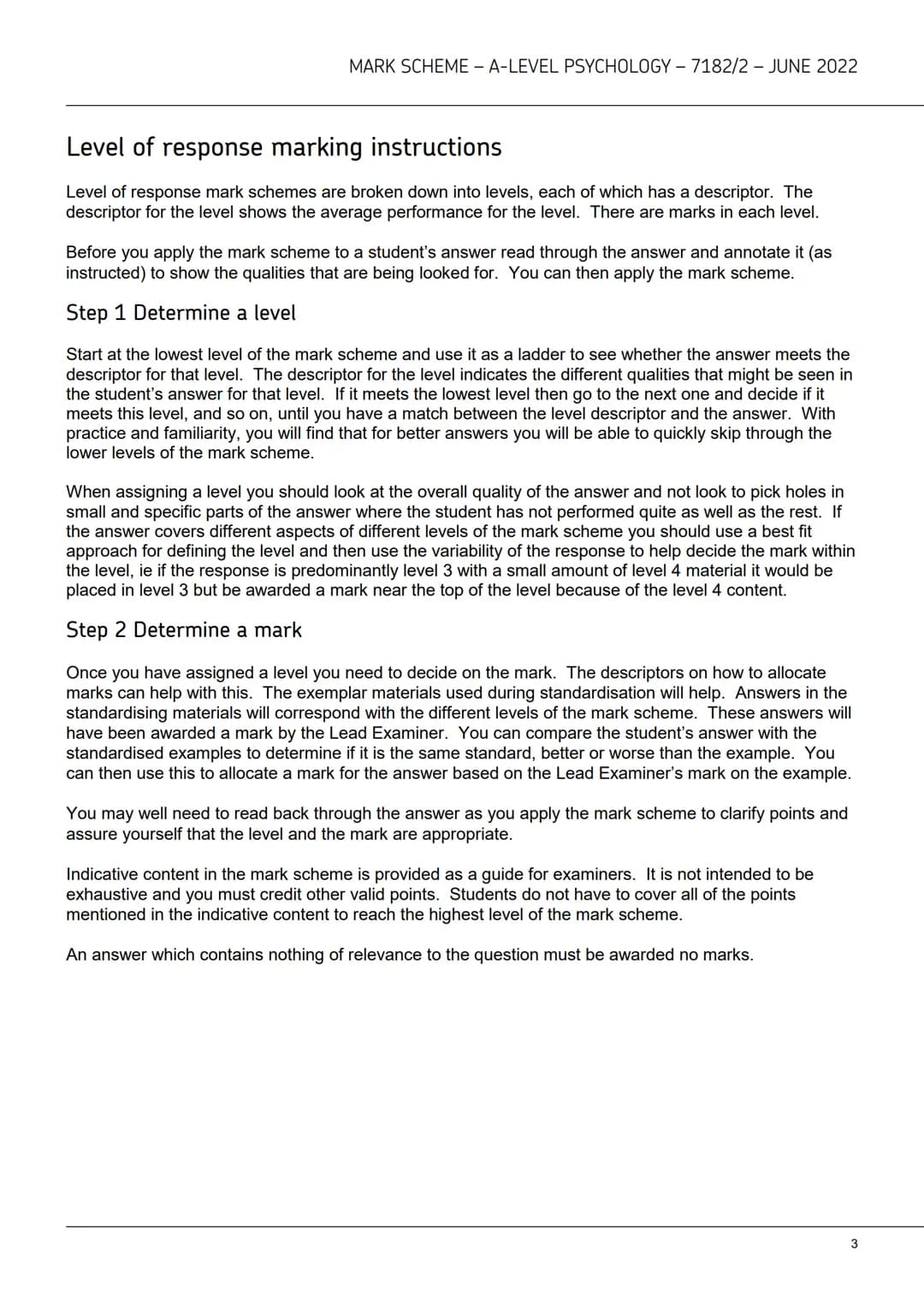 AQAZ
A-level
PSYCHOLOGY
7182/2
Paper 2 Psychology in context
Mark scheme
June 2022
Version: 1.0 Final Mark Scheme
2 2 6 A 7 1 8 2 / 2 / MS M