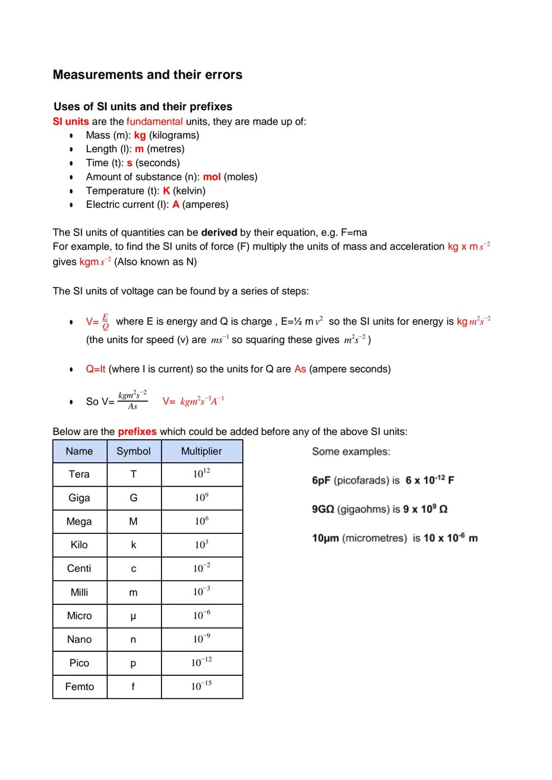 AQA Physics A-Level
Measurements and their Errors
Revision Notes Measurements and their errors
Uses of SI units and their prefixes
SI units 