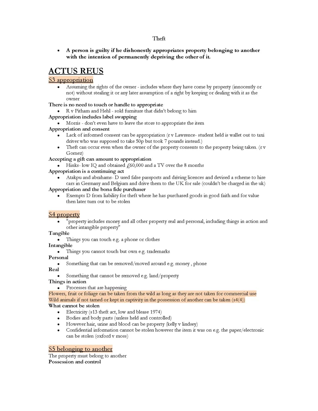 Notes on Theft - OCR law
