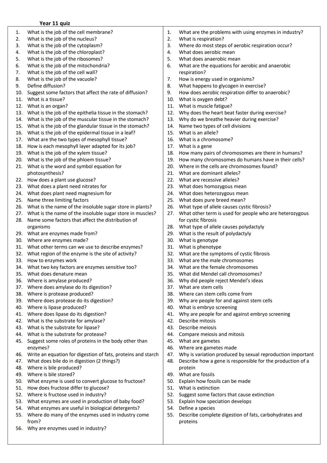 revise
with
harry
GCSE AQA
Biology Paper 1 & Paper 2
Year 11 revision: When looking at the following questions tick answer you are 100%
sure