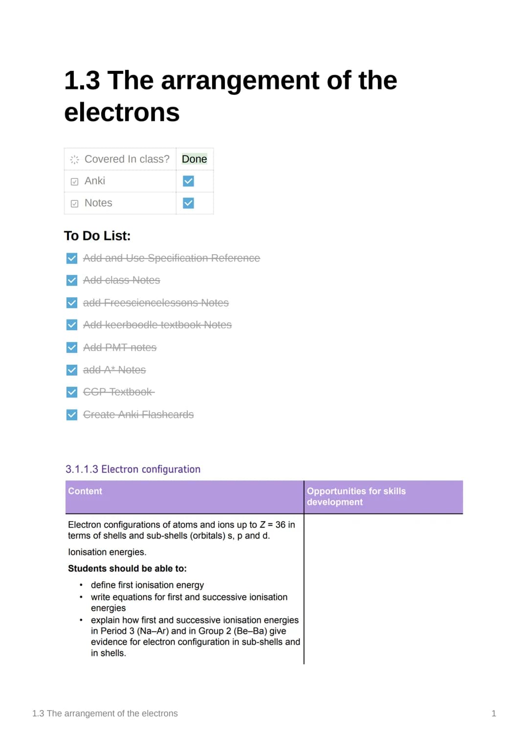 1.3 The arrangement of the
electrons
Covered In class? Done
> > > >
Anki
Notes
To Do List:
✔ Add and Use Specification Reference
✔ Add class