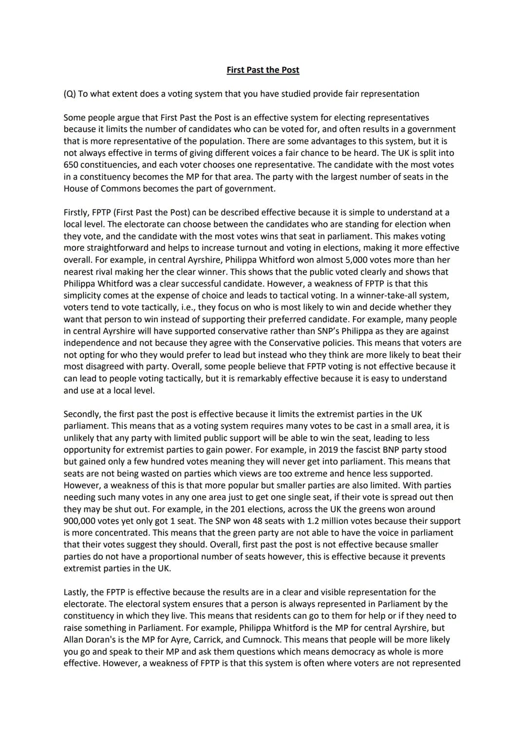
<p>The First Past the Post (FPTP) system is a method for electing representatives that some people argue provides effective and fair repres