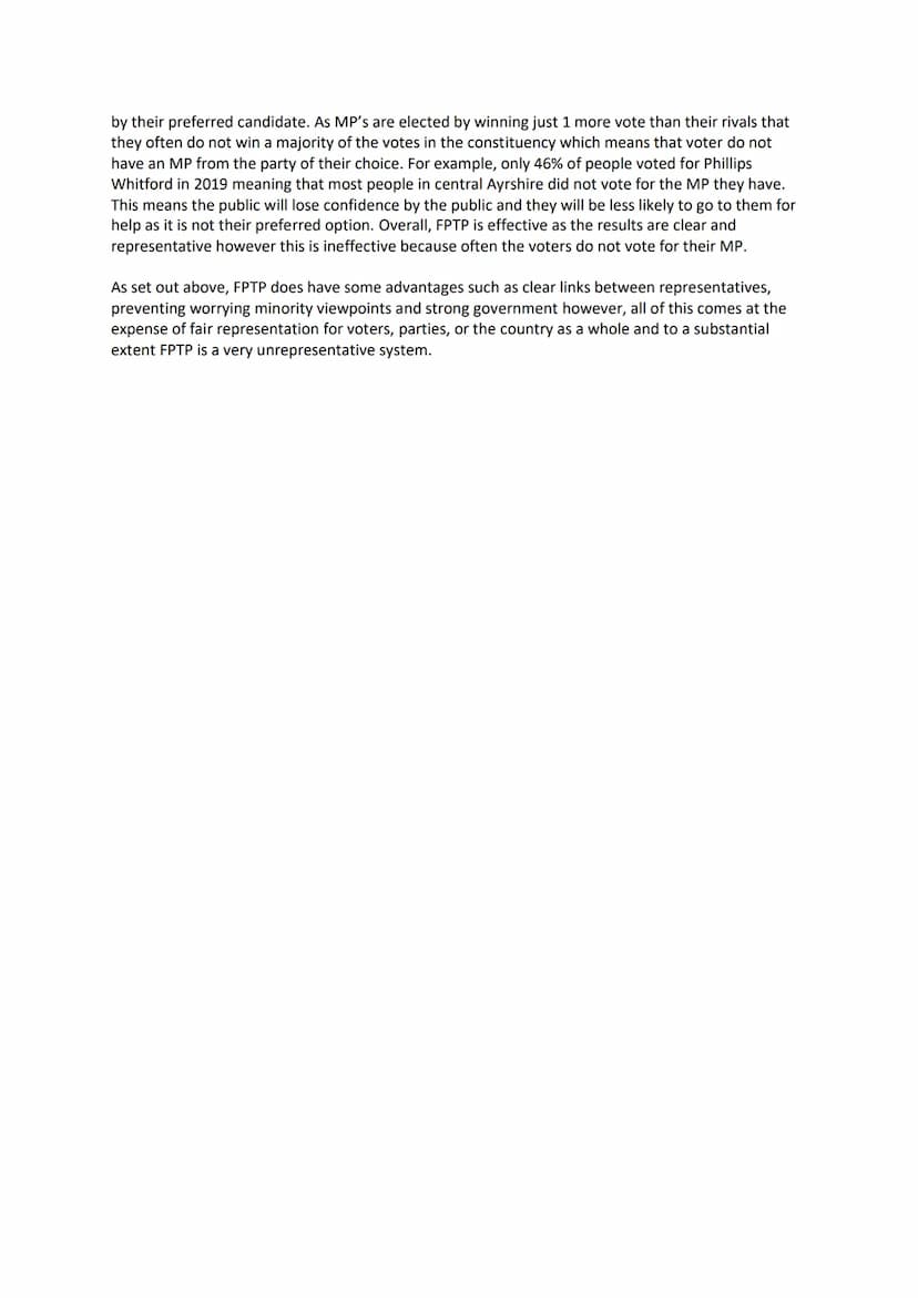 
<p>The First Past the Post (FPTP) system is a method for electing representatives that some people argue provides effective and fair repres
