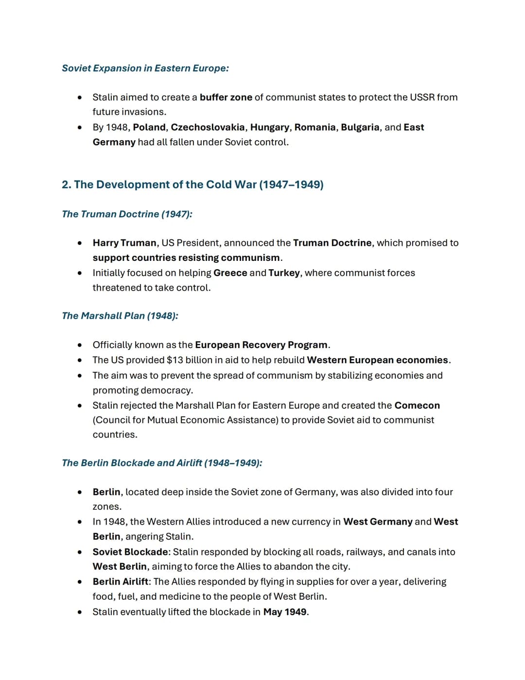 1. Origins of the Cold War (1945-1949)
Background:
•
•
WWII Alliance: The USA, USSR (Soviet Union), and Britain were allies during WWII,
but