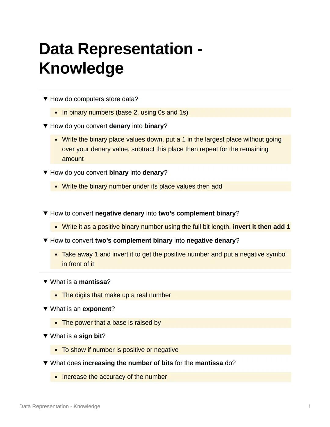 Data Representation -
Knowledge
▾ How do computers store data?
• In binary numbers (base 2, using Os and 1s)
▾ How do you convert denary int