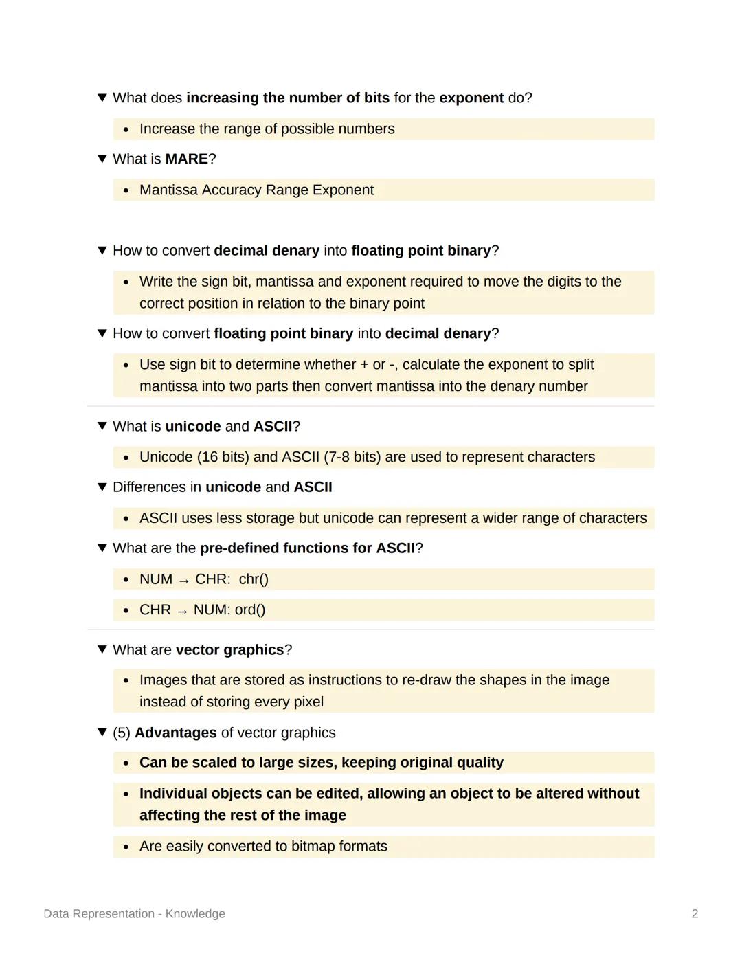 Data Representation -
Knowledge
▾ How do computers store data?
• In binary numbers (base 2, using Os and 1s)
▾ How do you convert denary int