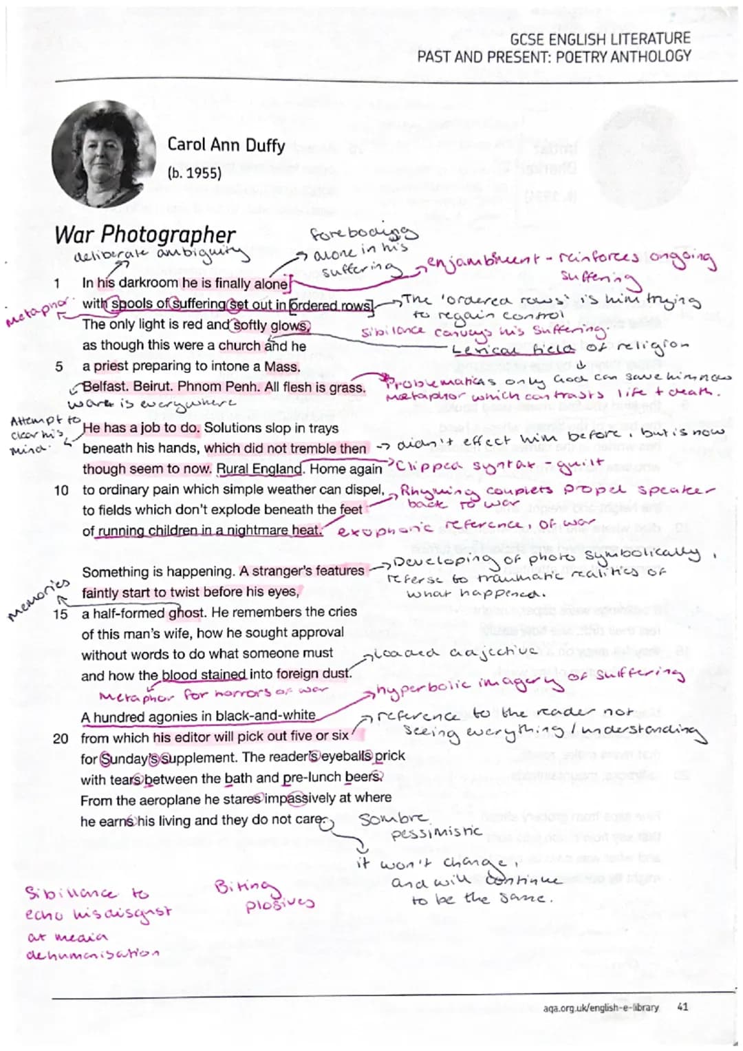 Carol Ann Duffy
(b. 1955)
GCSE ENGLISH LITERATURE
PAST AND PRESENT: POETRY ANTHOLOGY
War Photographer
1
Metaphor.
5
deliberate ambiguity
In 