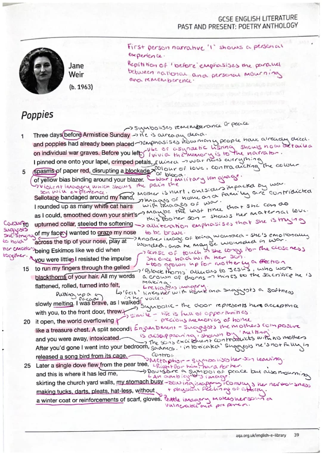 Jane
Weir
GCSE ENGLISH LITERATURE
PAST AND PRESENT: POETRY ANTHOLOGY
First person narrative 'I' shows a personal
experience.
Repitition of '