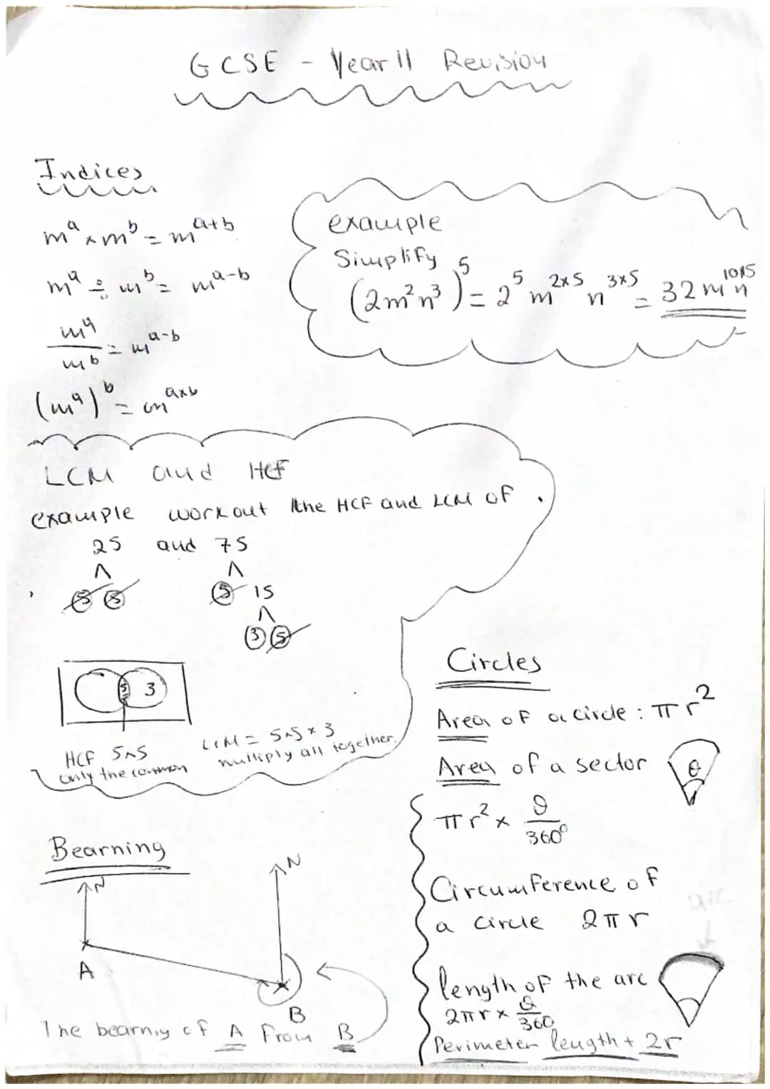 Indices
mª xmb-
m² 2 m² =
119
щь
(1₁9) b =
= M
LCM
example
25
^
a-b
3
GCSE Year 11 Revision
аль
HCF SAS
only the common
ать
nia-b
and
HEF
wo
