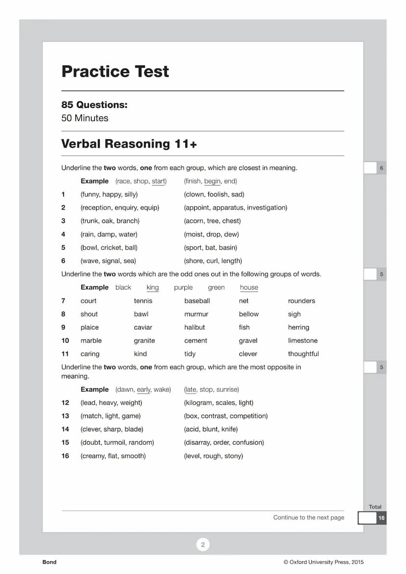 Bond
Bond
Verbal Reasoning 11+
Practice Test
Read the instructions carefully.
. Do not begin the test or open the booklet until told to do s