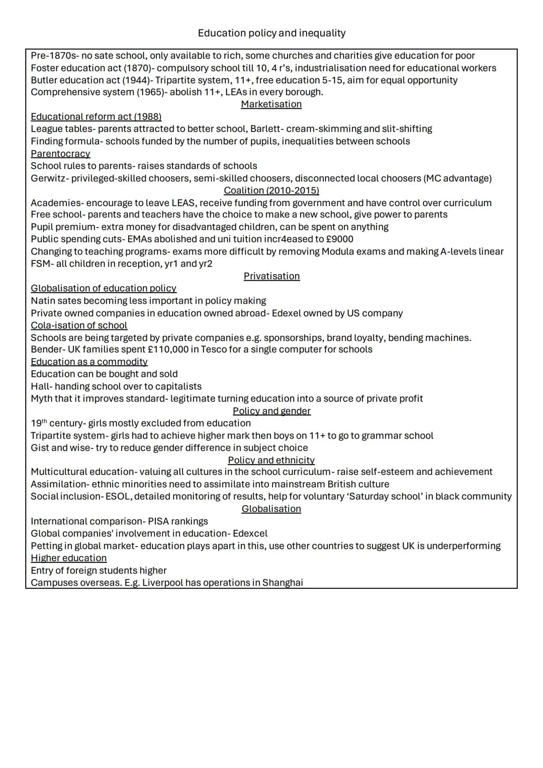 Education
Class differences in achievement (external)- pg 2
Class differences in achievement (internal)- pg 3
Ethnic differences in achievem