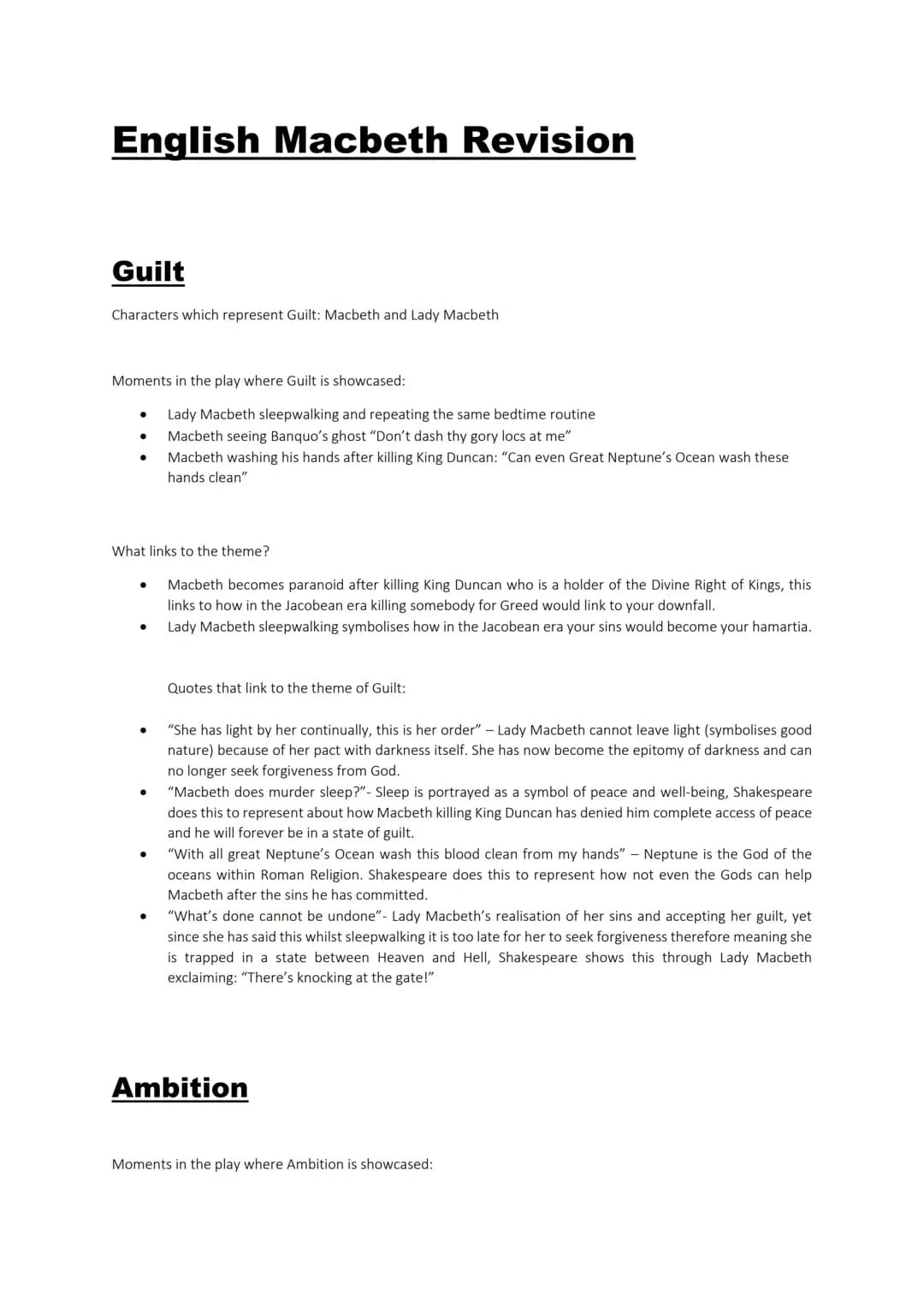 English Macbeth Revision
Guilt
Characters which represent Guilt: Macbeth and Lady Macbeth
Moments in the play where Guilt is showcased:
Lady