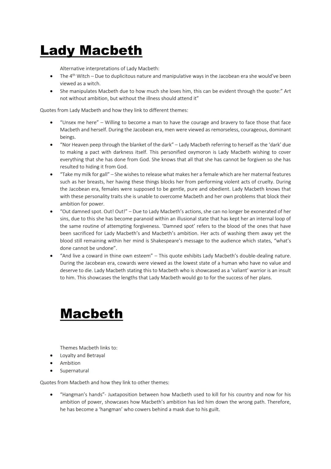 English Macbeth Revision
Guilt
Characters which represent Guilt: Macbeth and Lady Macbeth
Moments in the play where Guilt is showcased:
Lady
