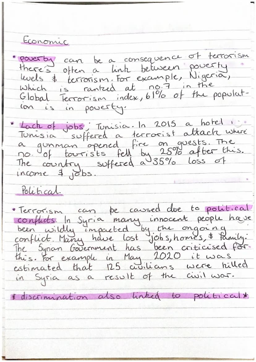 TERRORISM
Causes
- political - corrupt gov eg. syria
- Social
nationalism eq. ETA
occupation eq War on kerror
- radicalisation of. Safaa Bou