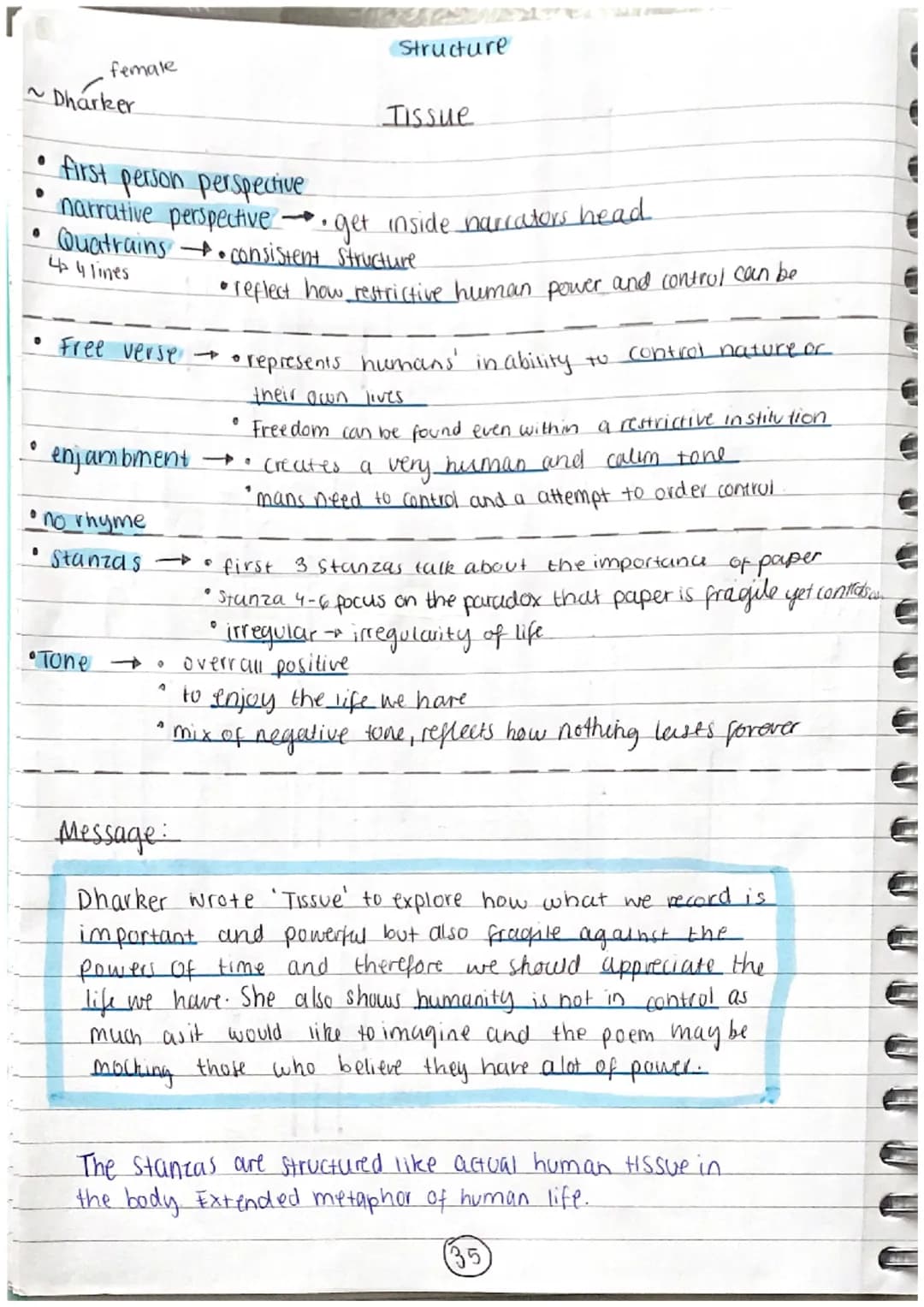 female
Structure
Tissue
2
Dharker
first
person perspective
-
•• get inside narrators head.
• Quatrains
narrative perspective
44 lines
•consi