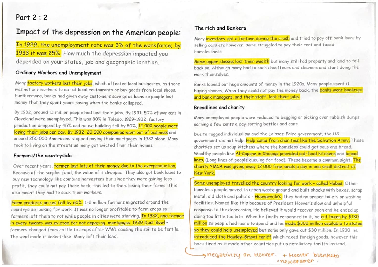 Part 2:2
Impact of the depression on the American people:
In 1929, the unemployment rate was 3% of the workforce; by
1933 it was 25%. How mu