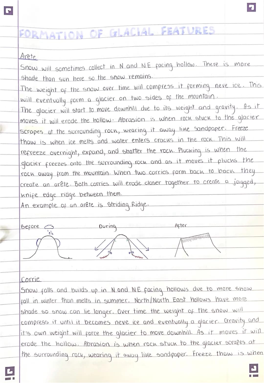 
<h2 id="arteformationprocess">Arête Formation Process</h2>
<p>Snow can sometimes collect in N and NE facing hollows, where there is more sh