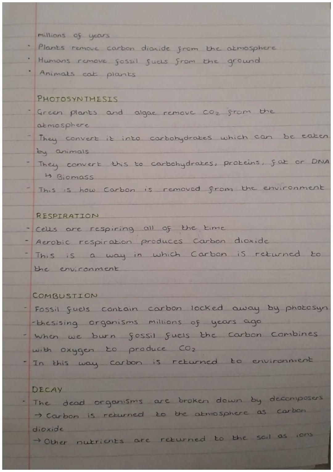 # CARBON CYCLE

PHOTOSYNTHESIS.
Carbon dioxide + water $\rightarrow$ glucose + Oxygen
6CO₂+ 6H₂O $\rightarrow$ C₆H₁₂O₆ + GO₂

RESPIRATION
Gl