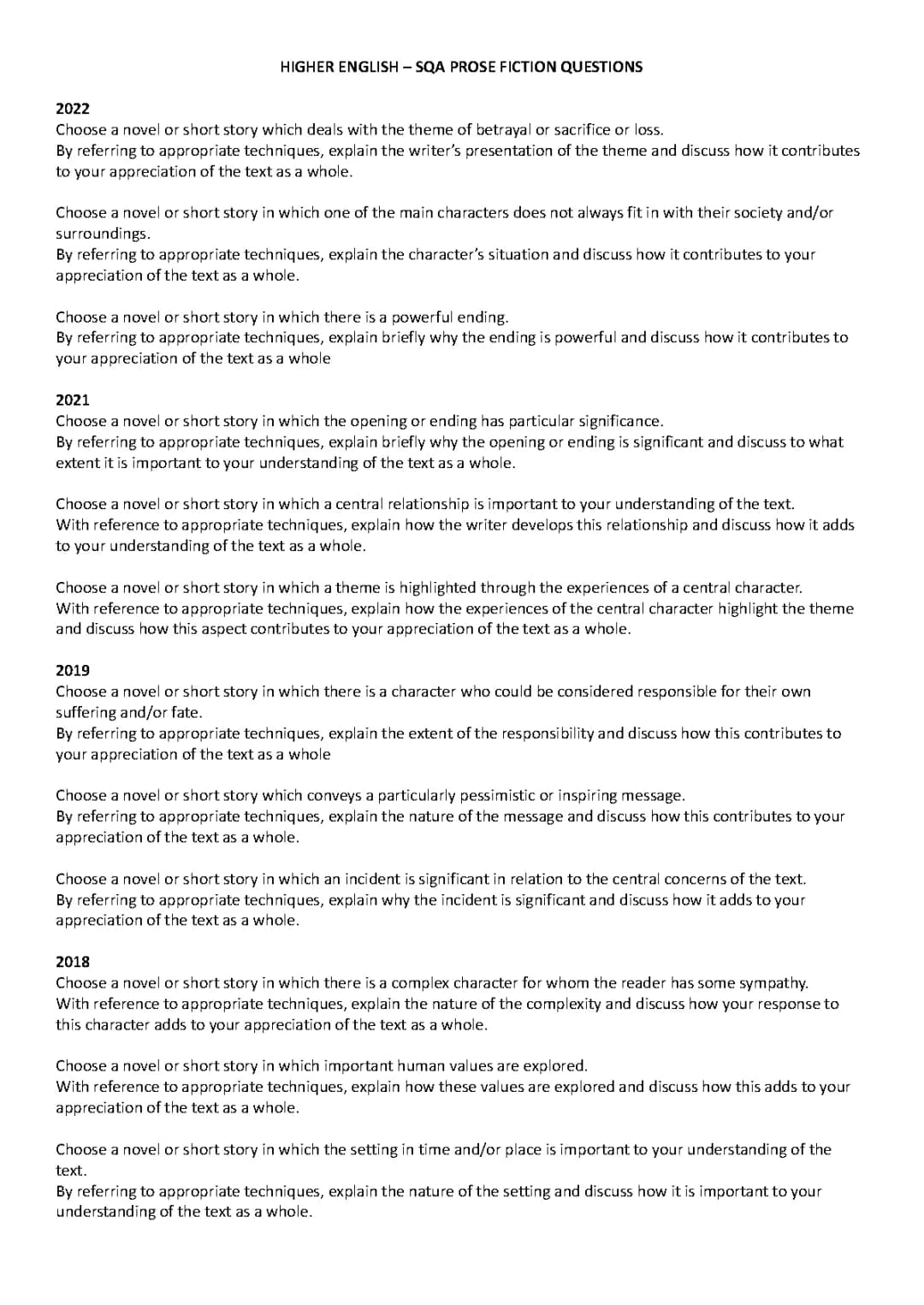 Higher English Essay Questions and Techniques - 2023