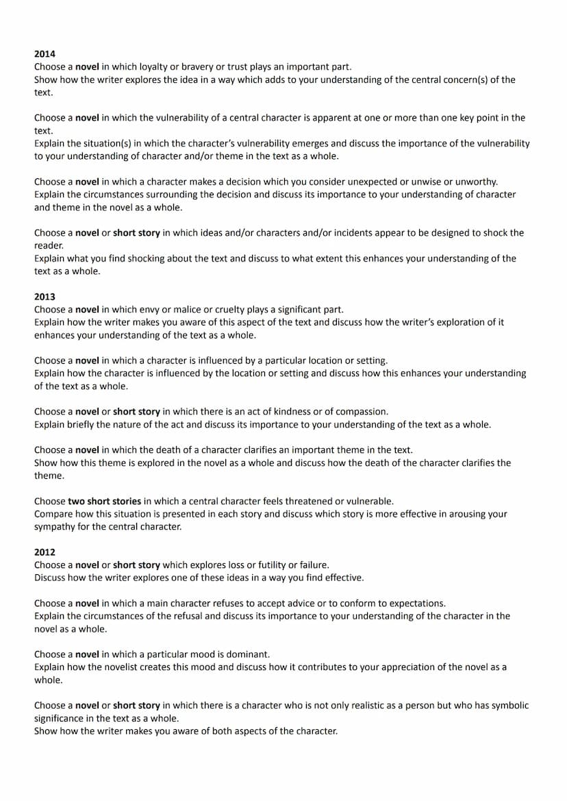 HIGHER ENGLISH - SQA PROSE FICTION QUESTIONS
2022
Choose a novel or short story which deals with the theme of betrayal or sacrifice or loss.