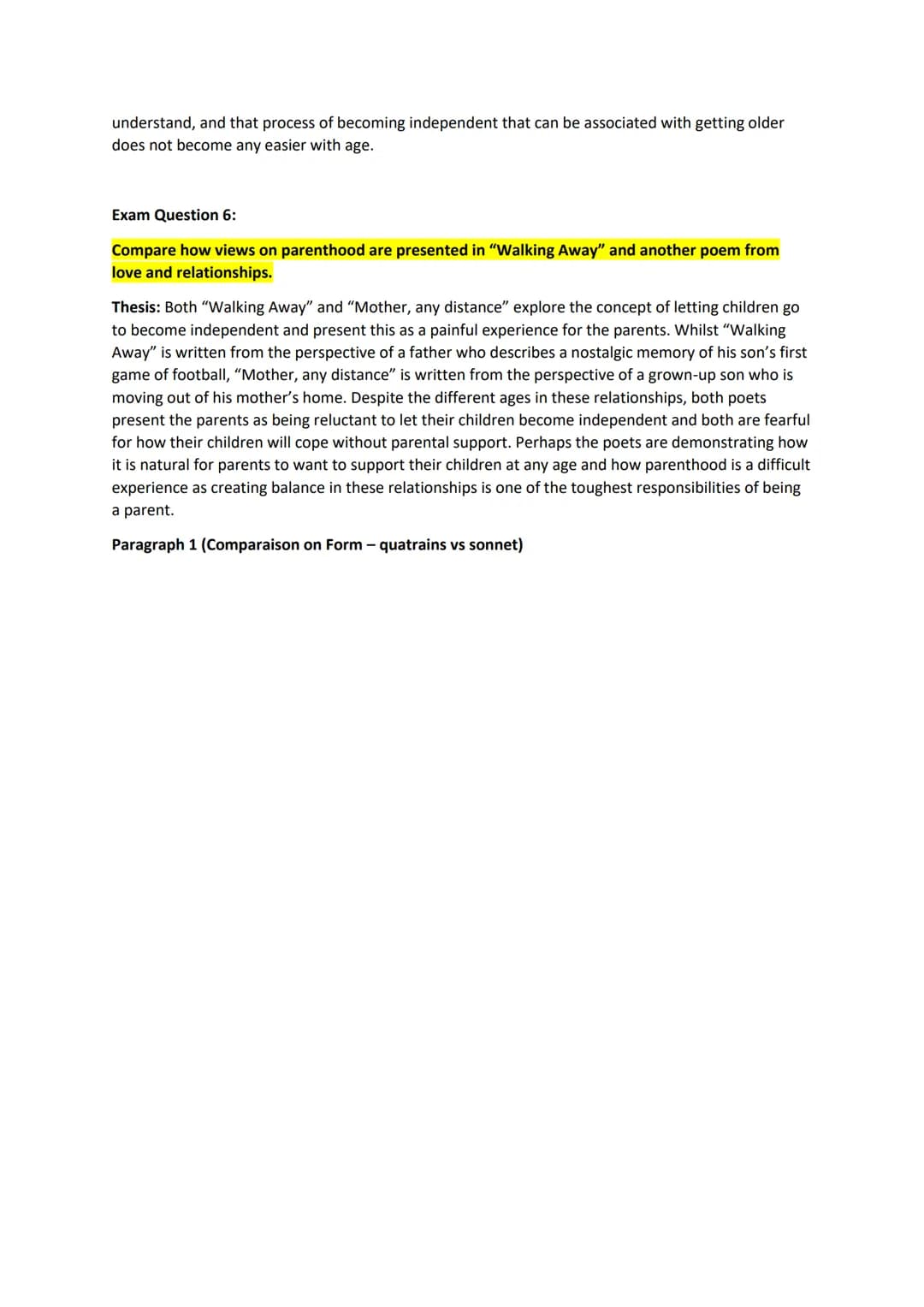 
<h2 id="comparisonofwalkingawaywithanotherpoemfromtheclusterquestions">Comparison of Walking Away with Another Poem from the Cluster Questi