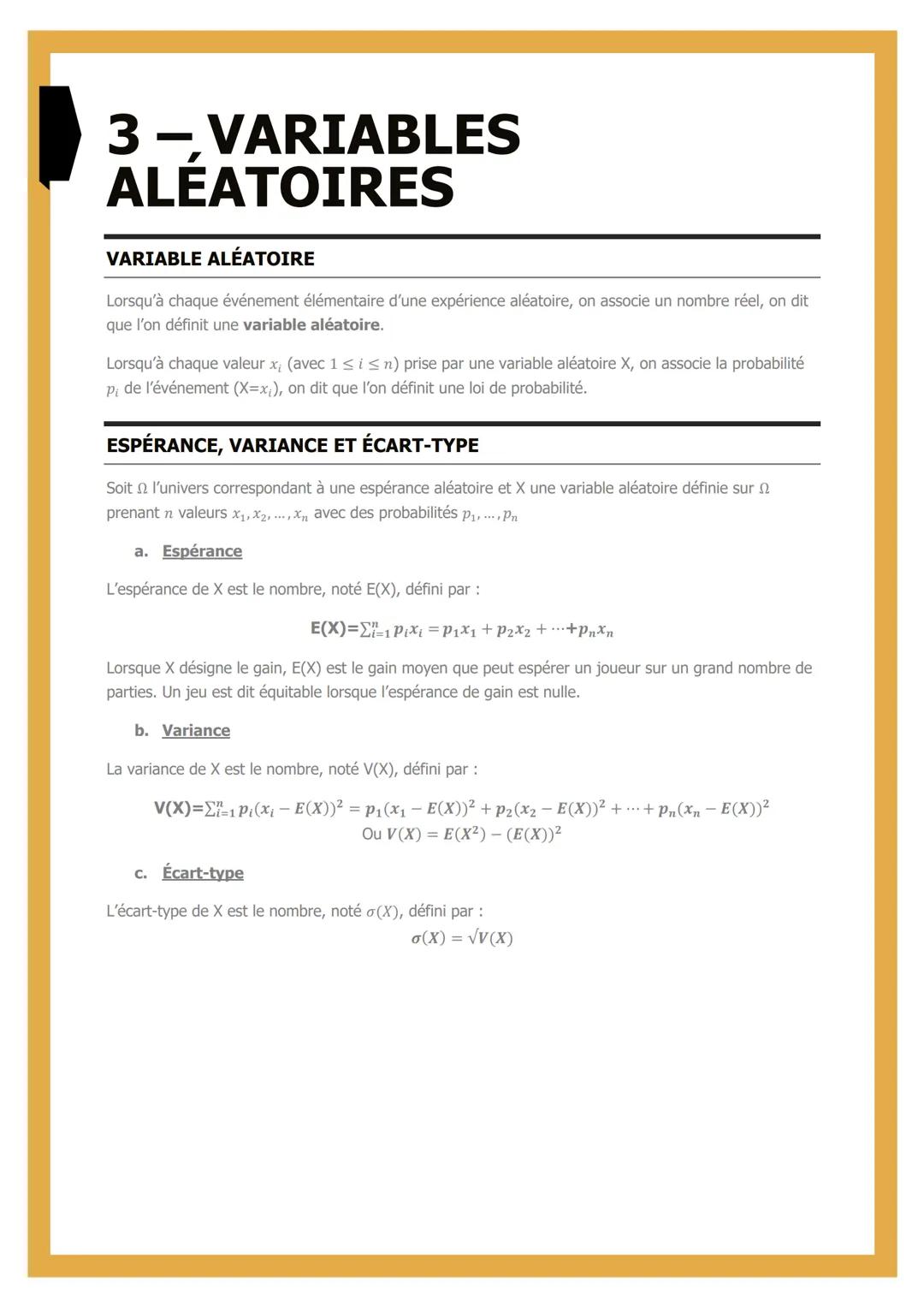 # 3- VARIABLES

# ALÉATOIRES

VARIABLE ALÉATOIRE

Lorsqu'à chaque événement élémentaire d'une expérience aléatoire, on associe un nombre rée