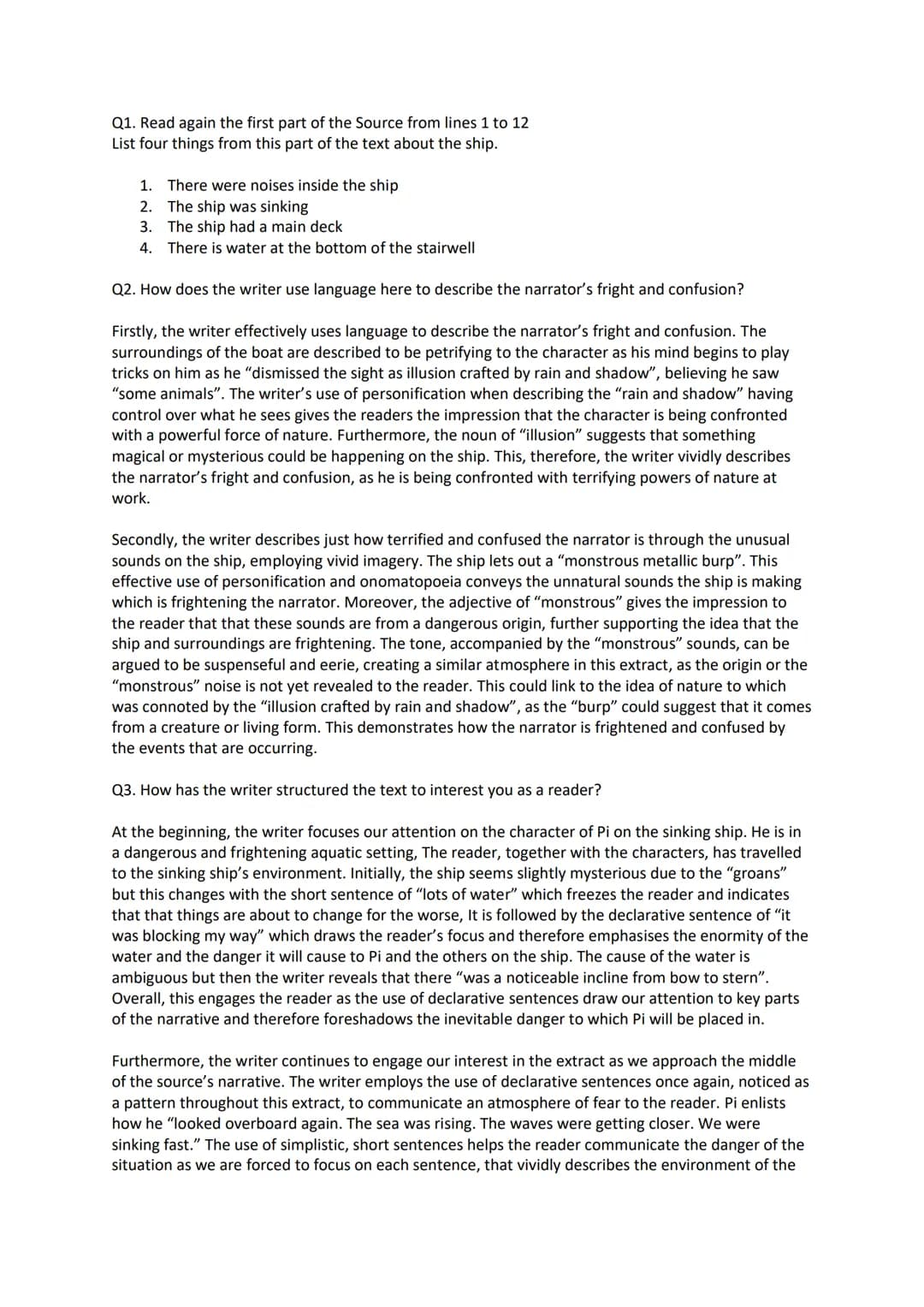 Q1. Read again the first part of the Source from lines 1 to 12
List four things from this part of the text about the ship.
1. There were noi