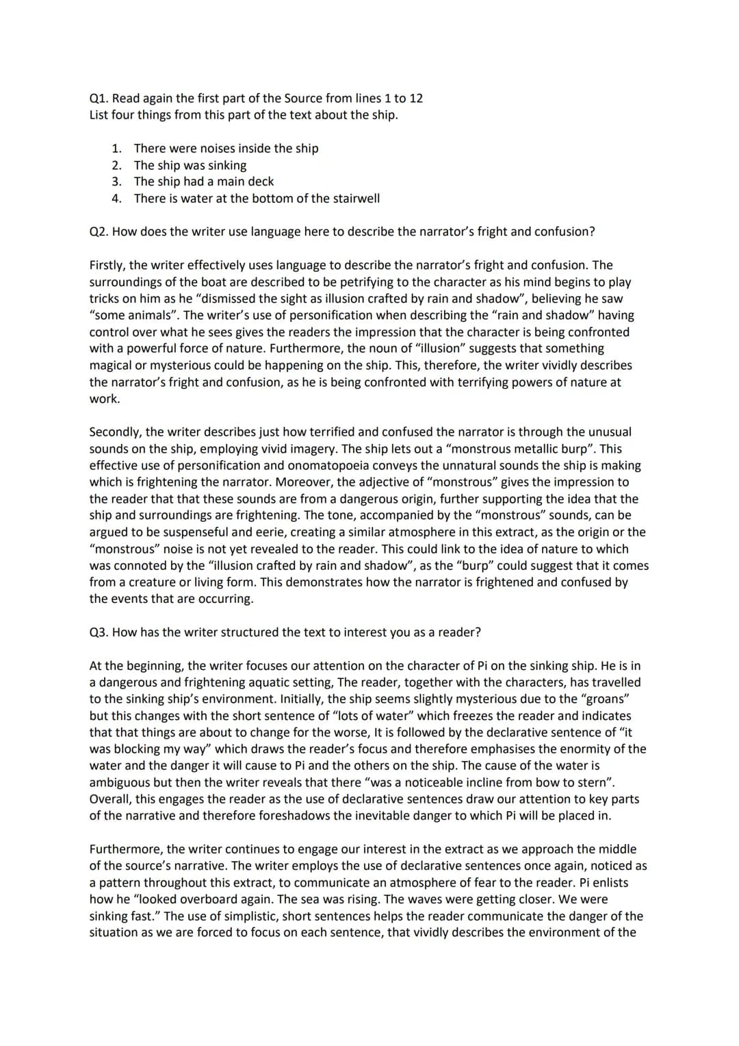 Q1. Read again the first part of the Source from lines 1 to 12
List four things from this part of the text about the ship.
1. There were noi