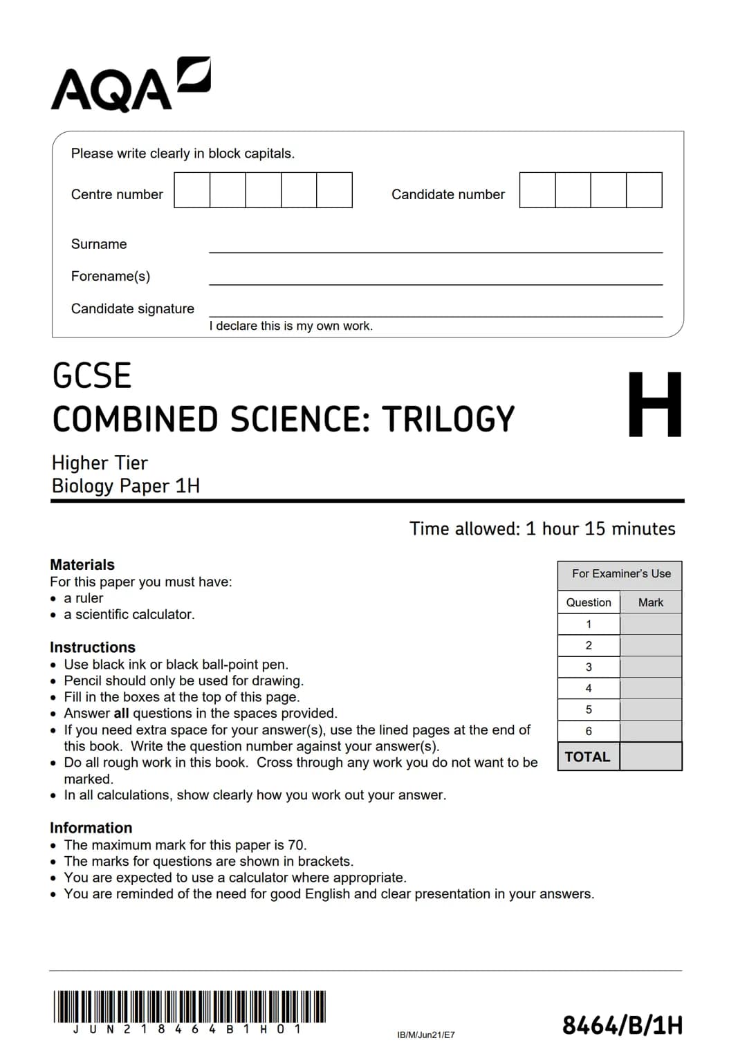 AQA
Please write clearly in block capitals.
Centre number
Surname
Forename(s)
Candidate signature
I declare this is my own work.
GCSE
COMBIN