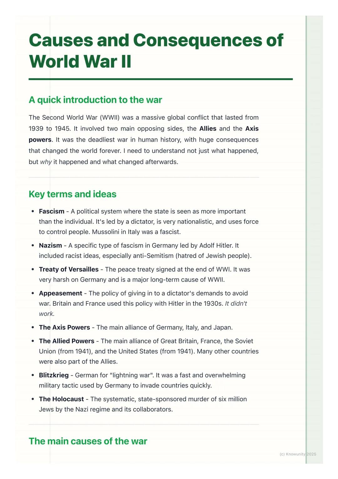 # Causes and Consequences of
# World War II

## A quick introduction to the war

The Second World War (WWII) was a massive global conflict t