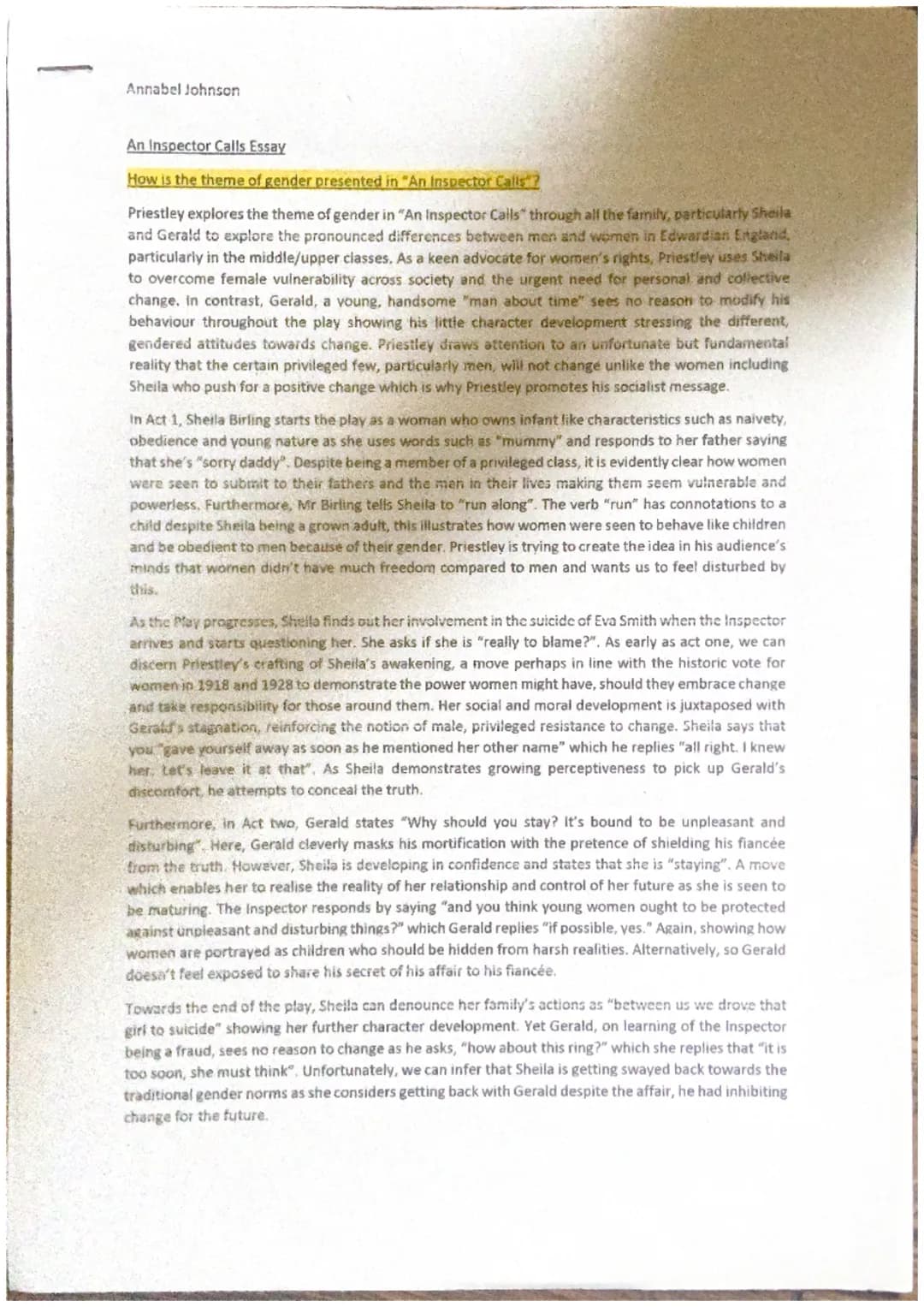 Annabel Johnson
An Inspector Calls Essay
How is the theme of gender presented in "An Inspector Calls"?
Priestley explores the theme of gende
