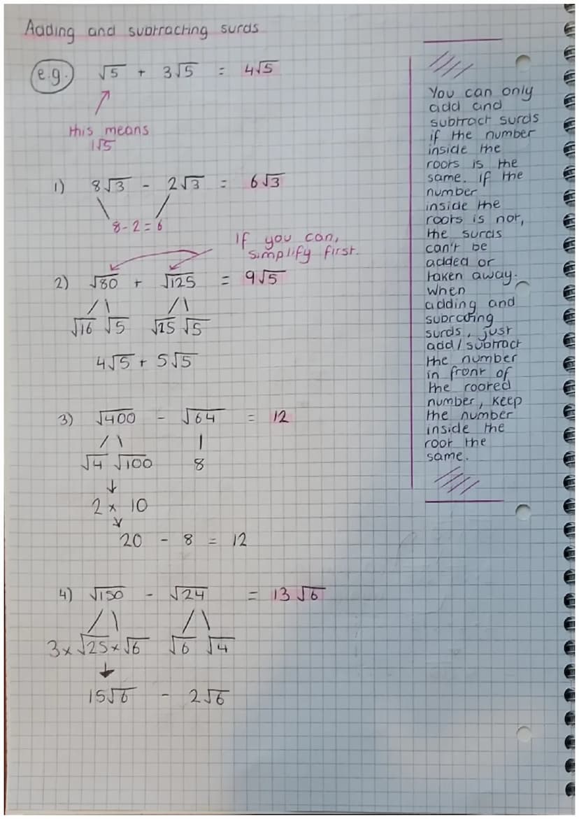 Simplifying surds
(e.g.
●
D)
2)
Simplify the following
√8
√2 141
2√2
√24
√ √6
→
2√6
5) √240
√4 √60
A
2x√√√4x√√15
2×2×√15
4 15
4 is a
number
