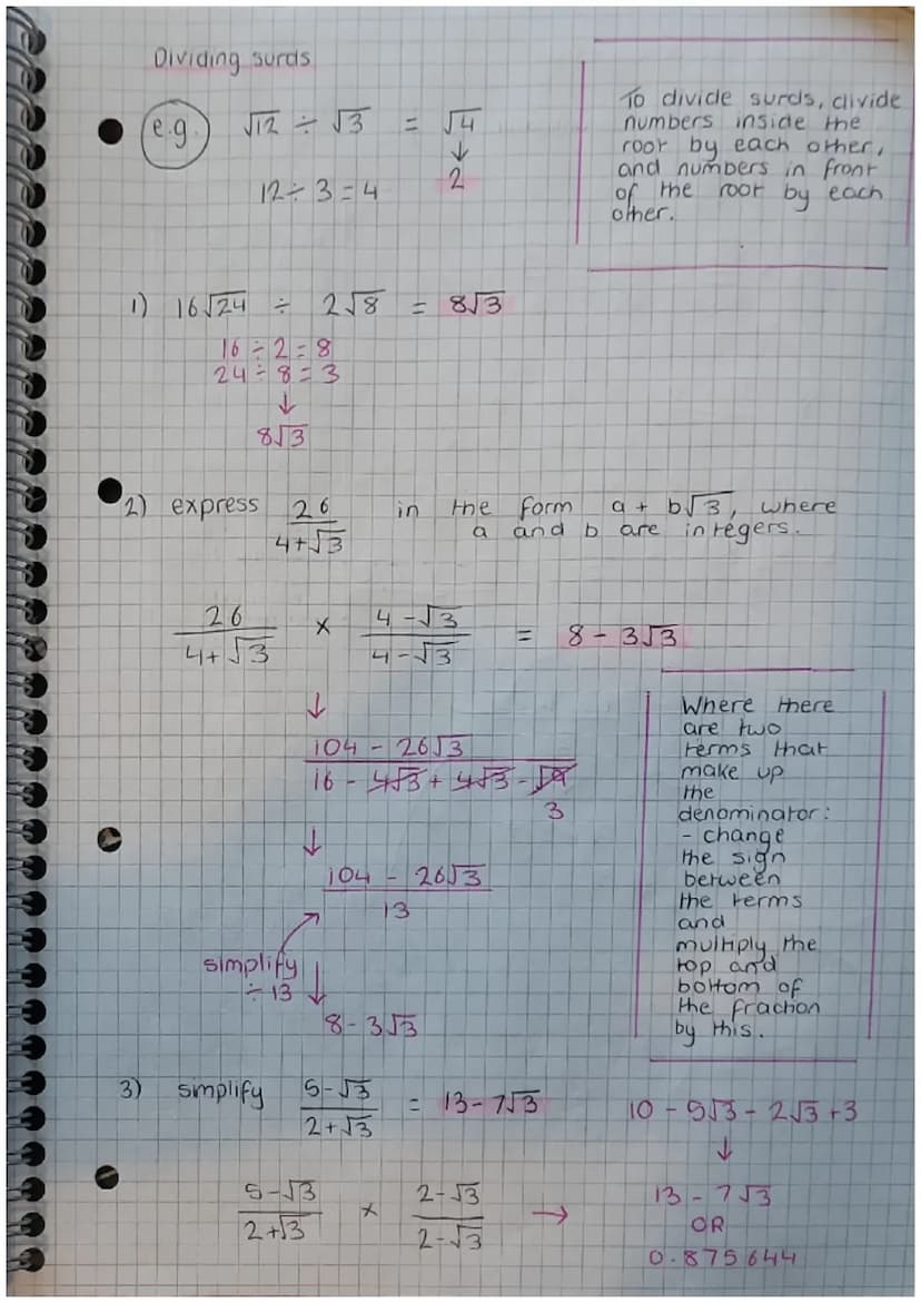 Simplifying surds
(e.g.
●
D)
2)
Simplify the following
√8
√2 141
2√2
√24
√ √6
→
2√6
5) √240
√4 √60
A
2x√√√4x√√15
2×2×√15
4 15
4 is a
number
