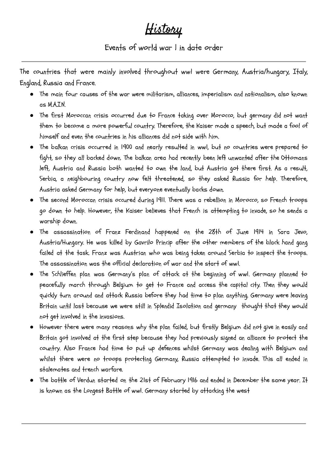 Events of world war one