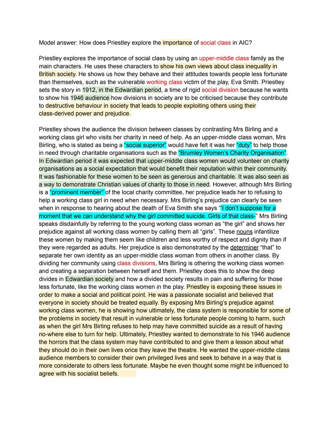 Model answer: How does Priestley explore the importance of social class in AIC?
Priestley explores the importance of social class by using a