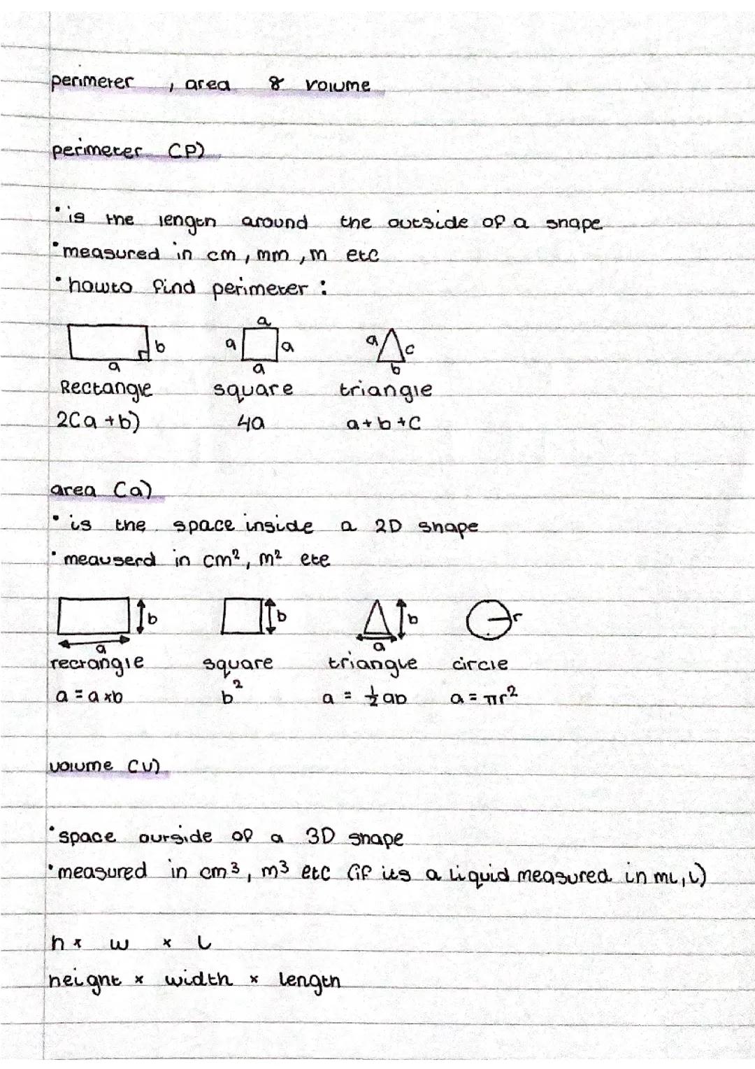 perimeter, area + volume