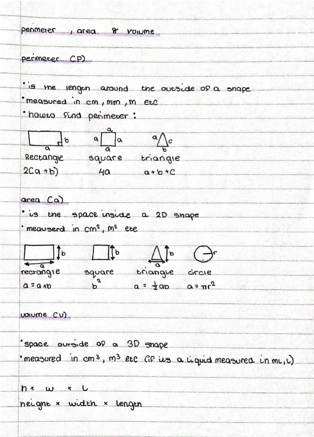 perimeter
area
8 volume.
perimeter CP)
"is the lengen around
the outside of a snape
measured in cm, mm, m etc
• howto find perimeter :
a
9
R