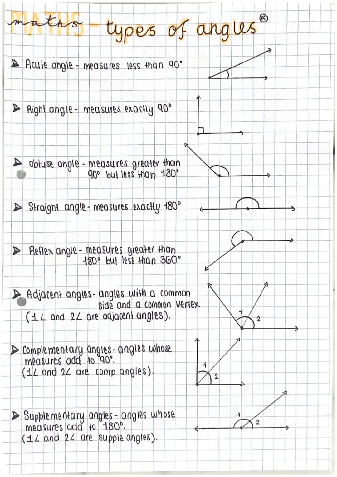 maths
types of angles
Acute angle - measures less than 90°
Right angle-measures exactly 90°
obtuse angle - measures greater than
90° but les