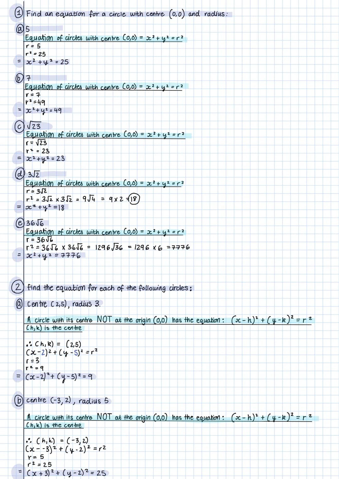 equations of circles
THE EQUATION OF
OF (0,0)
+
A circle with its centre at the origin (0,0) has the equation:
хг туг
2
= r 2
examp
les
find