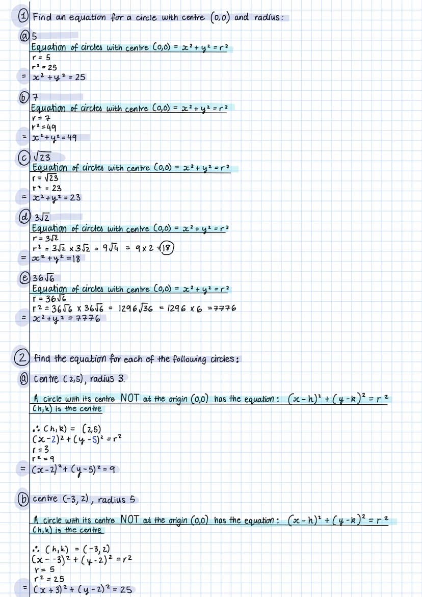 equations of circles
THE EQUATION OF
OF (0,0)
+
A circle with its centre at the origin (0,0) has the equation:
хг туг
2
= r 2
examp
les
find