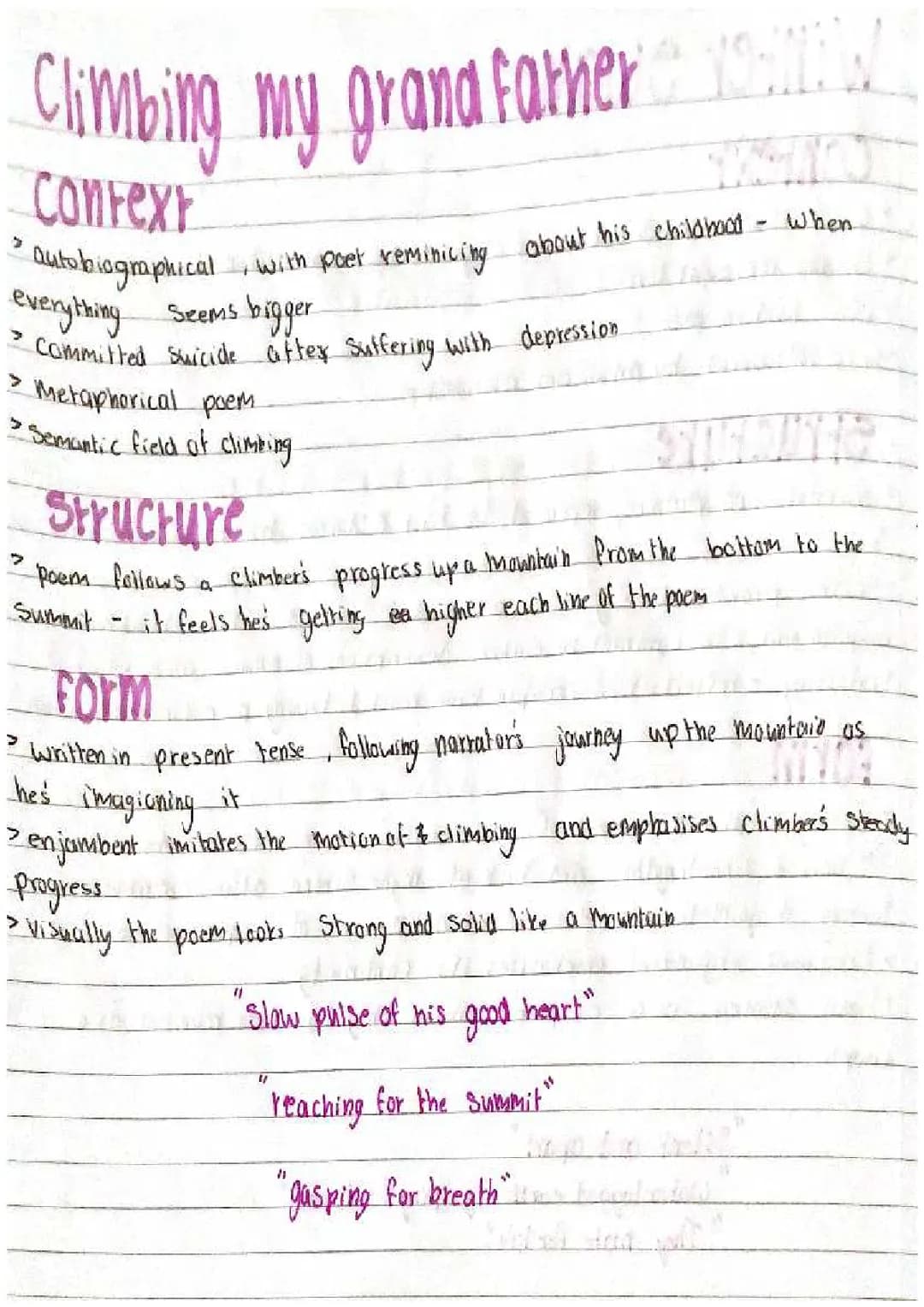 Climbing My Grandfather Poem Analysis - Love and Relationships, GCSE, PDF, Quotes