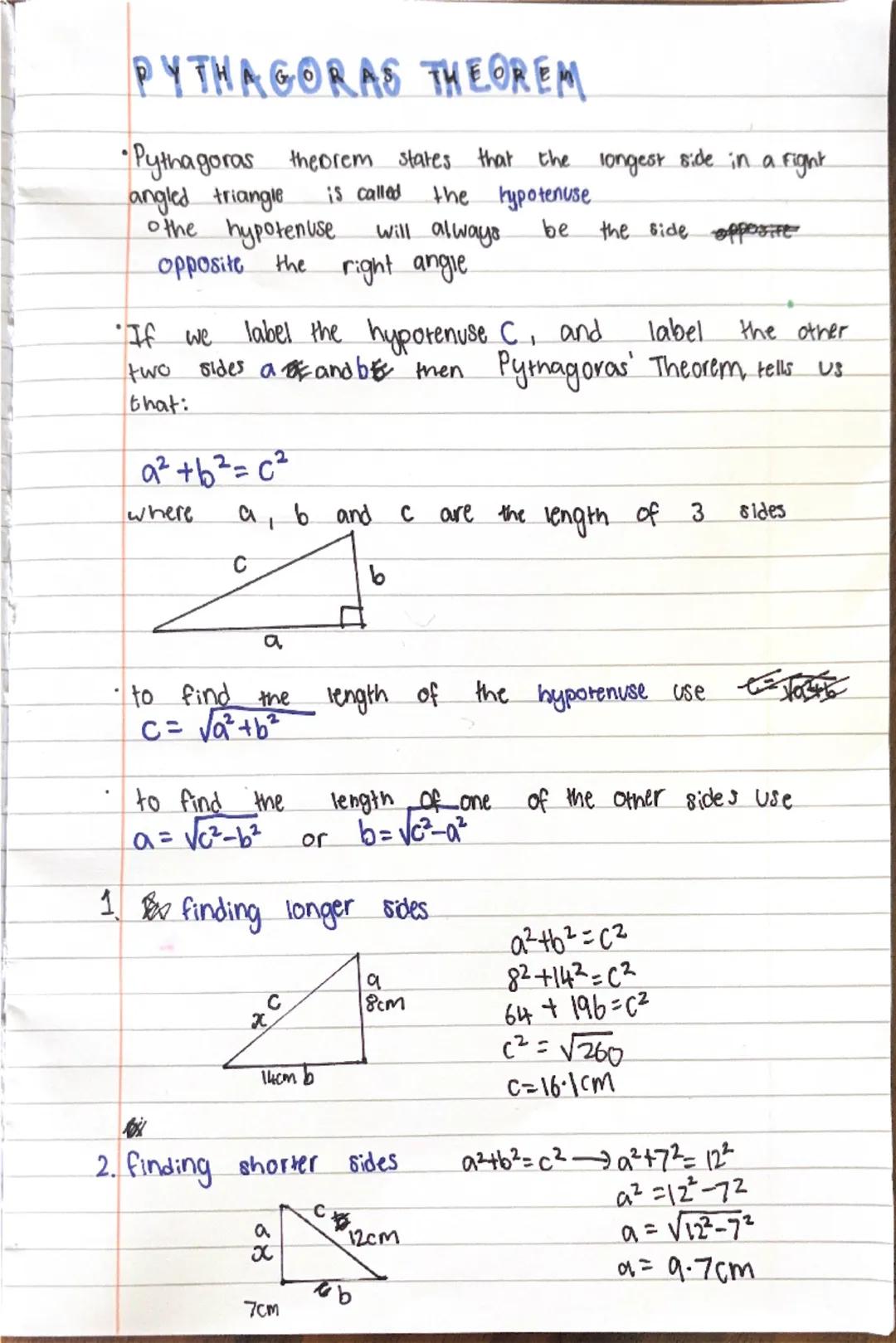 PYTHAGORAS THEOREM
•Pythagoras theorem states that the longest side in a right angled triangle is called the hypotenuse.
the hypotenuse will