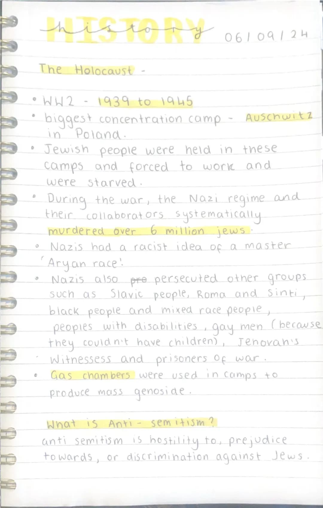 history 06109124
The Holocaust -
• WW2 - 1939 to 1945
·
°
°
5
0
r
biggest concentration camp - Auschwitz
in Poland.
Jewish people were held 
