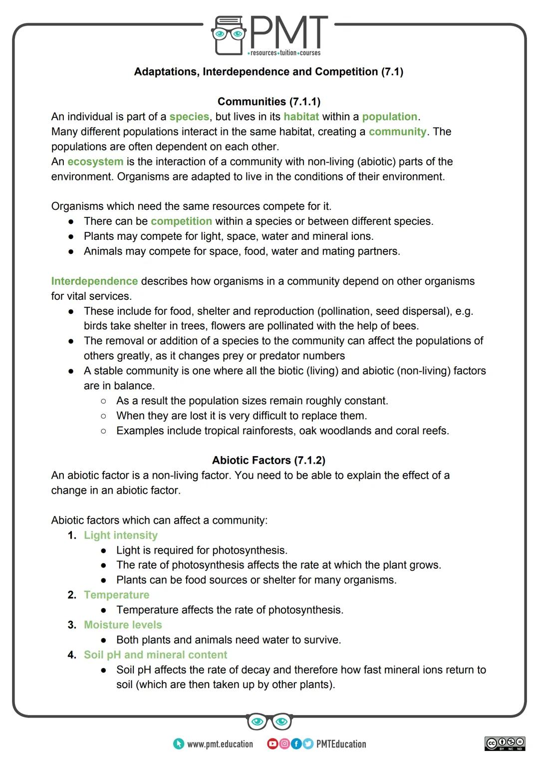 --- OCR Start ---
PMT
-resources-tuition-courses
AQA Biology GCSE
Topic 7: Ecology
Notes
Content in bold is for higher tier only.
Content is