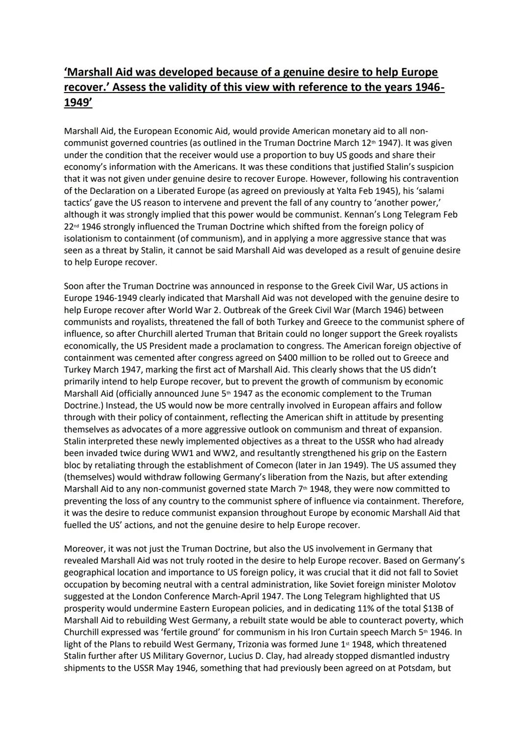 AQA Cold War A-level Essay - Was the Marshall Aid genuine in wanting to improve Europe? 